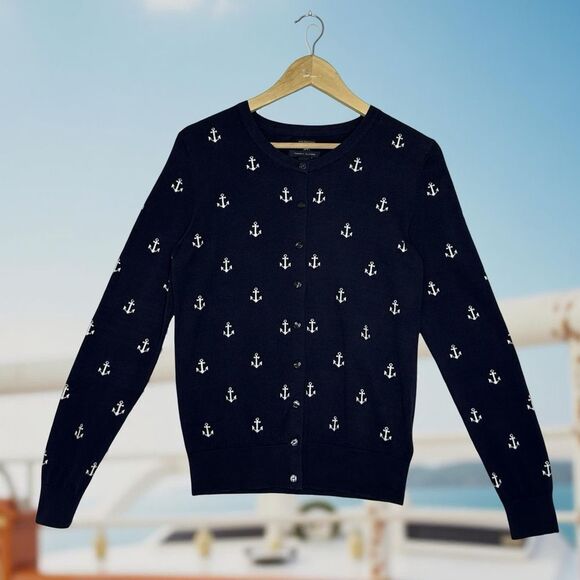 TOMMY HILFIGER 100% Pima Cotton Navy Anchor Button Front Cardigan Size Medium - Picture 3 of 9